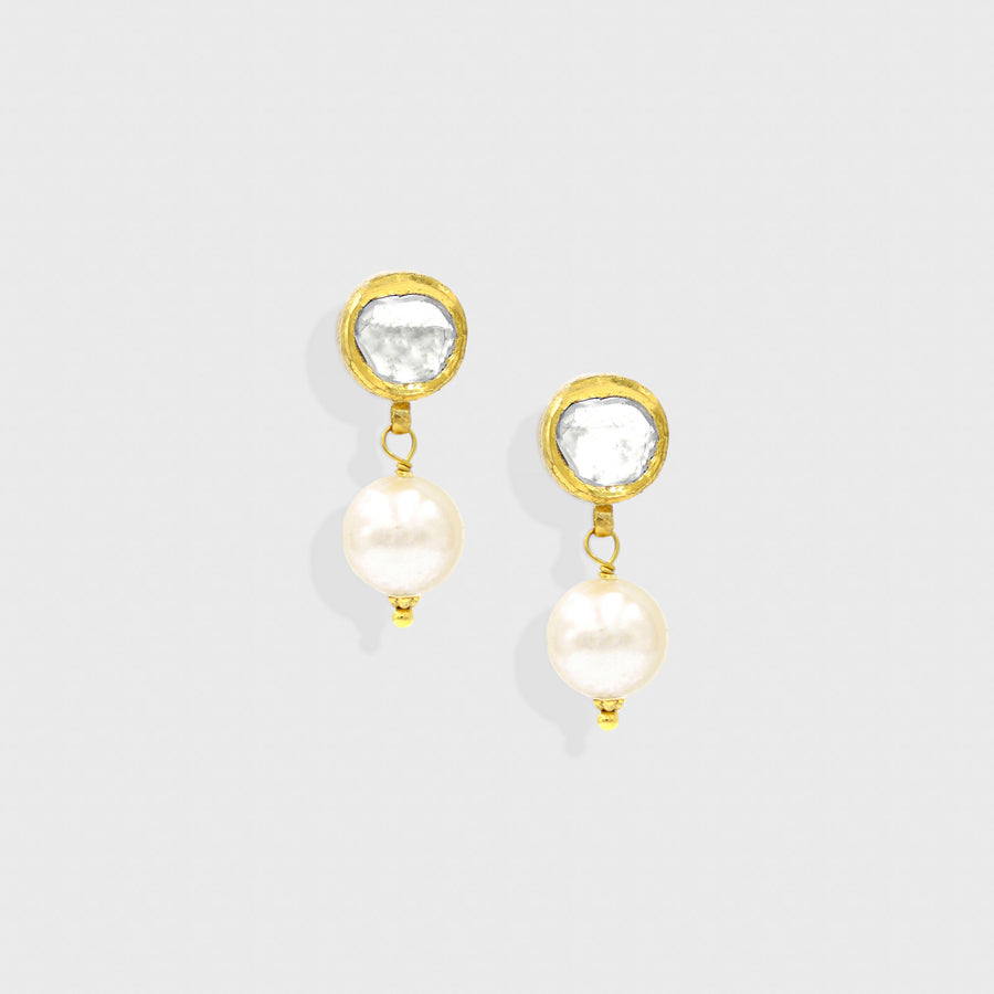 Polki Diamond and Hangigng Pearl Earrings - Default Title (RAJER0141)