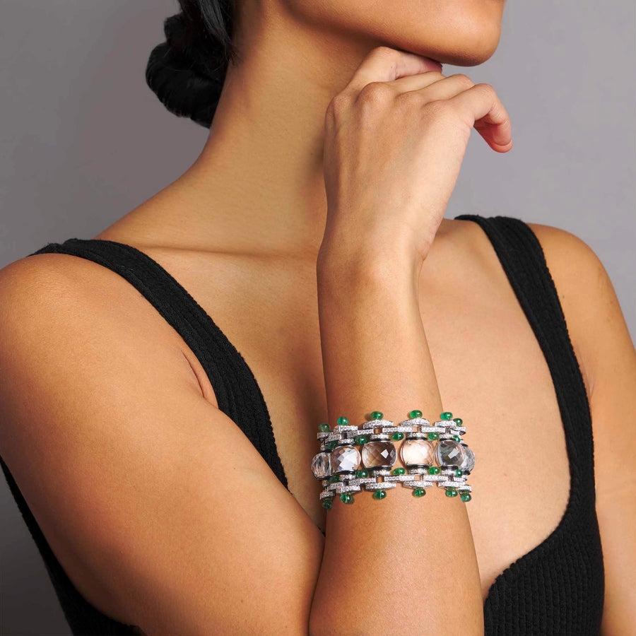 Jharana Rock Crystal, Black Onyx, Diamond and Emerald Bracelet