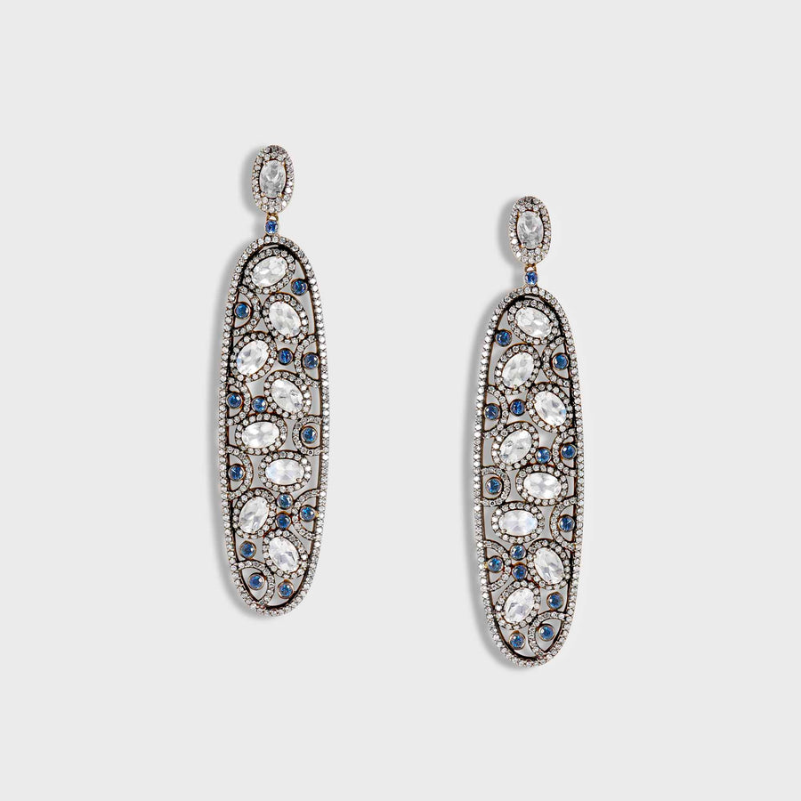 Piyush Moonstone, Blue Sapphire and Diamond Earrings