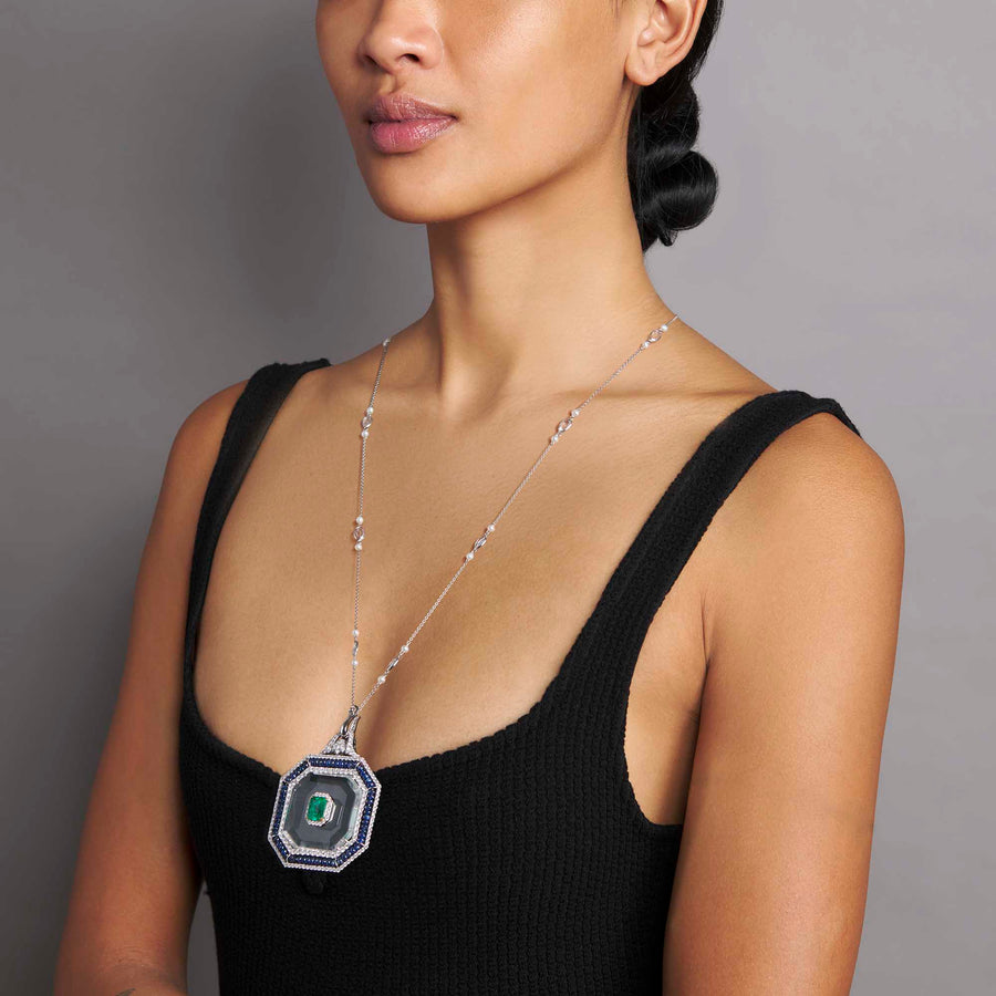 Saanvi Blue Sapphire, Emerald and Diamond Pendant Necklace