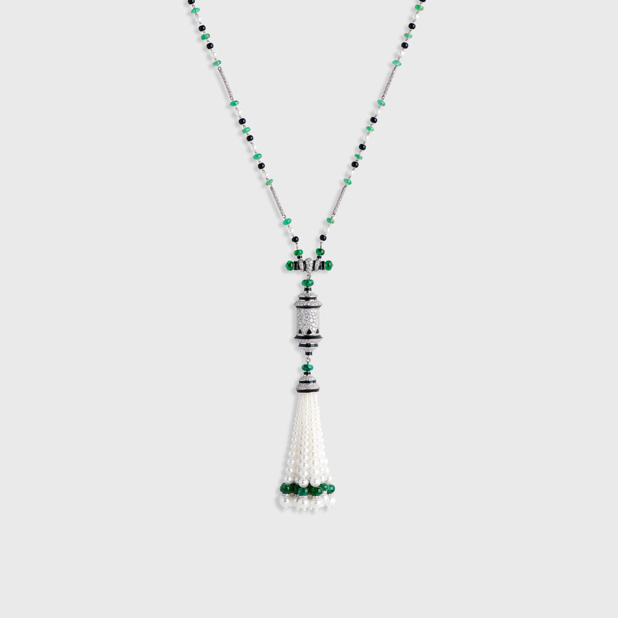 Saadikha Pearl, Black Onyx, Diamond and Emerald Tassel Pendant