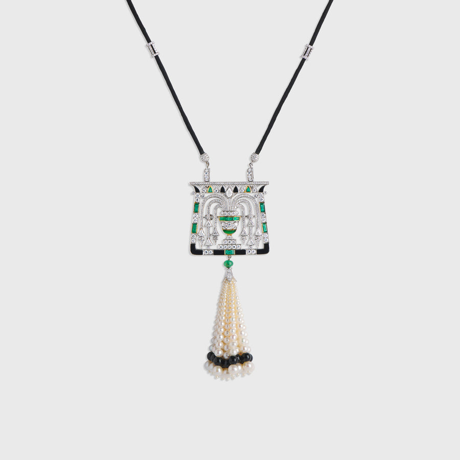 Garima Pearl, Black Onyx, Diamond and Emerald Tassel Pendant