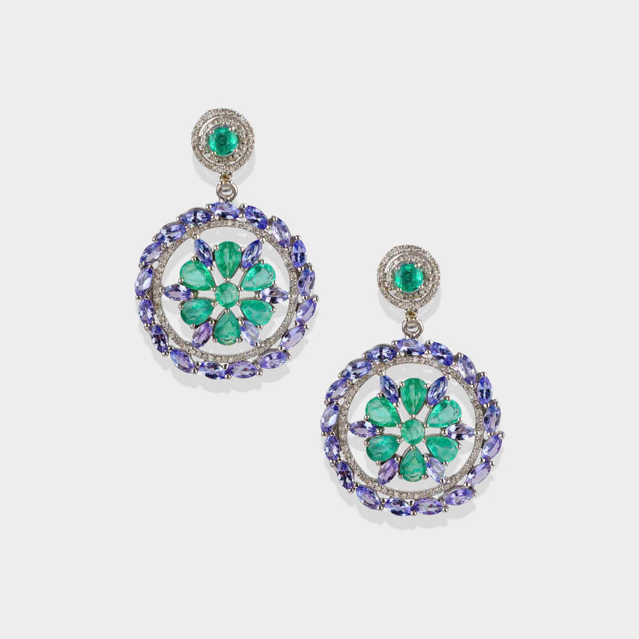 Tanzanite, Emerald and Diamond Earrings