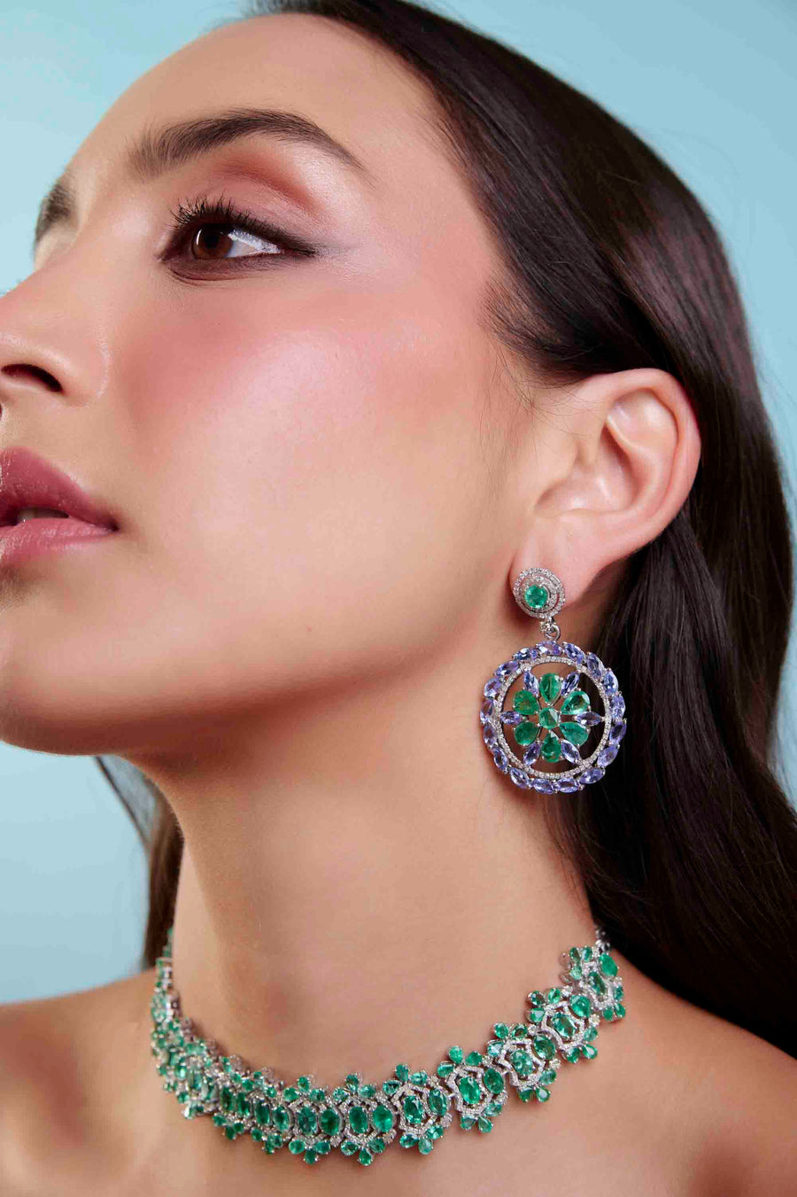 Tanzanite, Emerald and Diamond Earrings