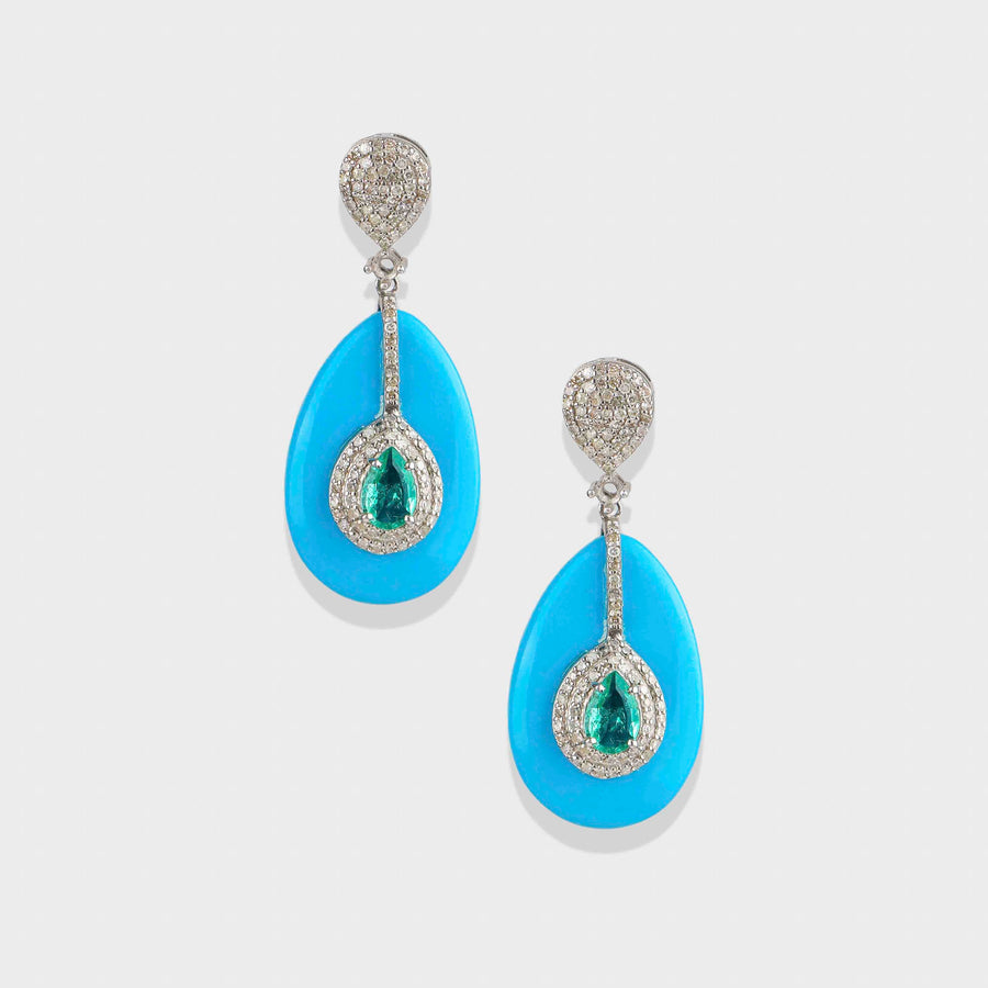 Turquoise, Diamond and Emerald Earrings