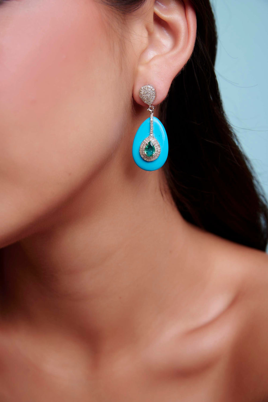 Turquoise, Diamond and Emerald Earrings