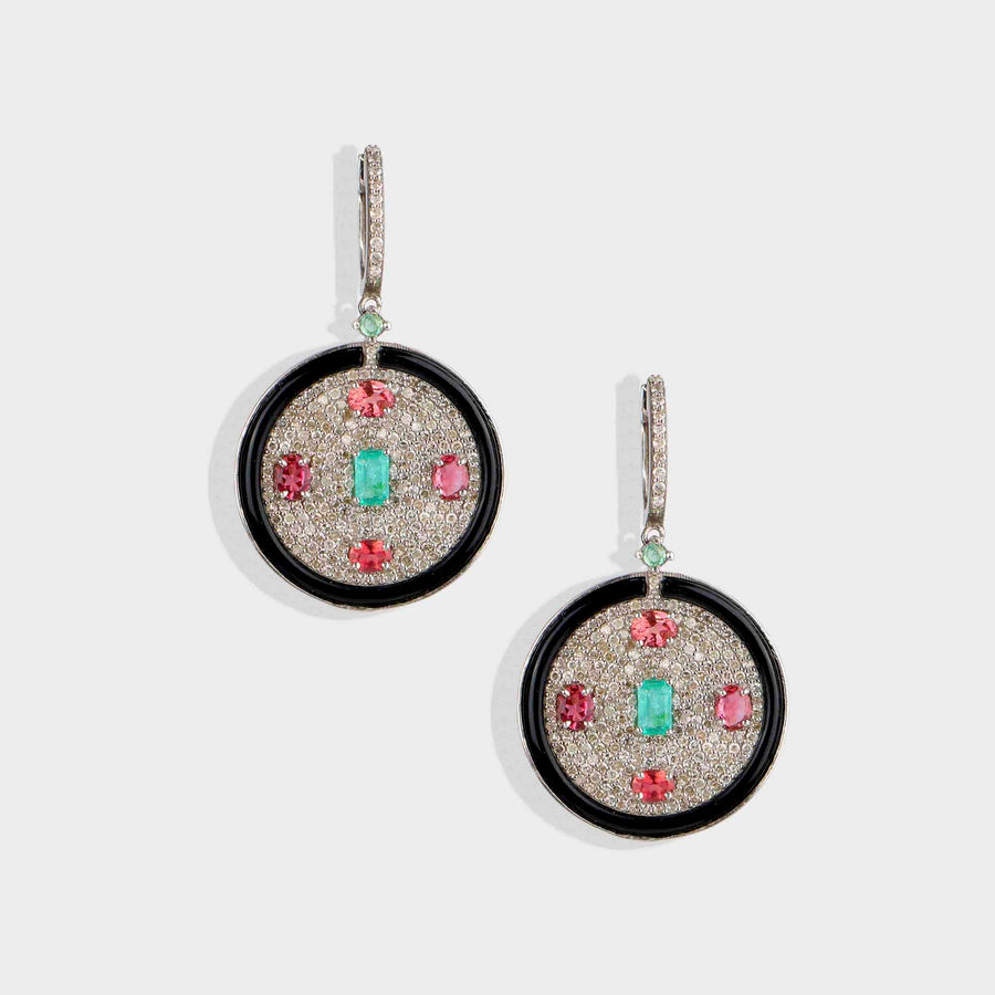 Onyx, Diamond, Turquoise and Emerald Earrings