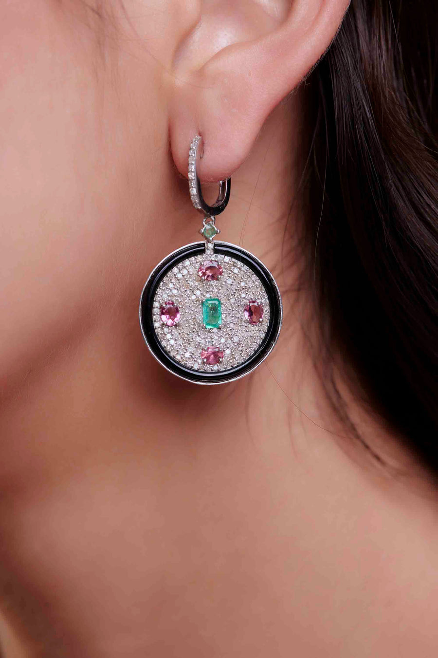 Onyx, Diamond, Turquoise and Emerald Earrings