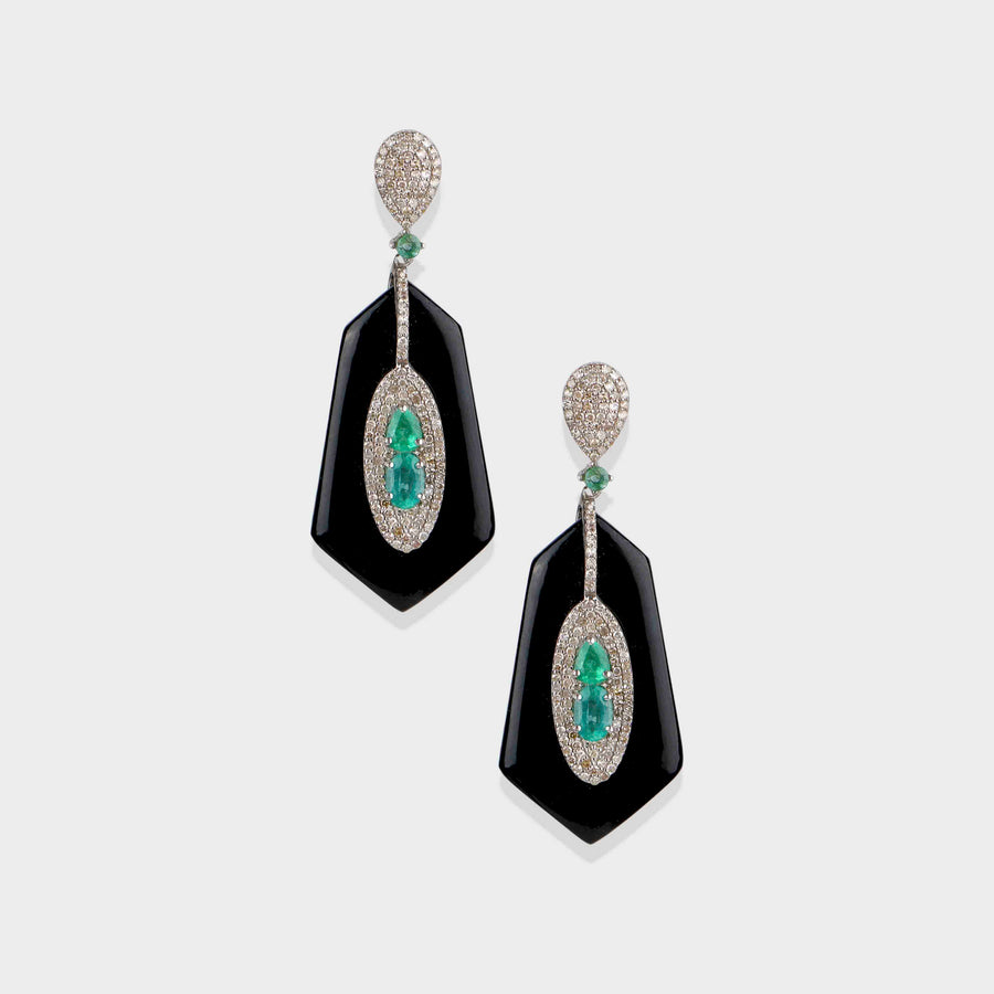 Onyx, Diamond and Emerald Earrings