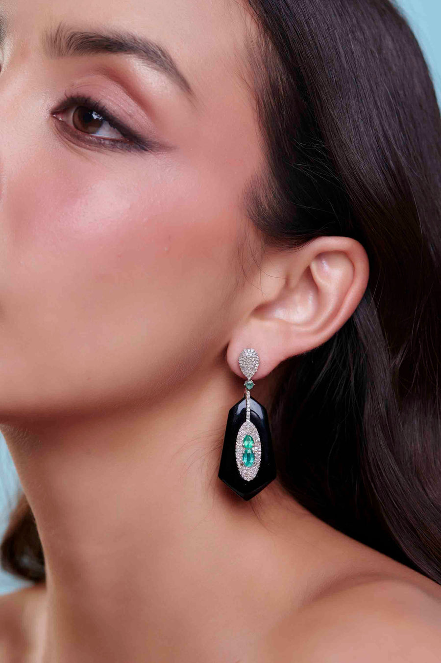 Onyx, Diamond and Emerald Earrings