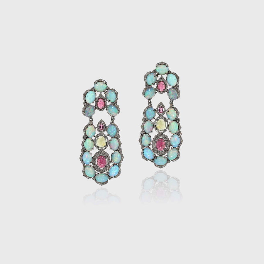 Kamalini Diamond, Pink Tourmaline and Opal Earrings - Default Title (INDER0709)