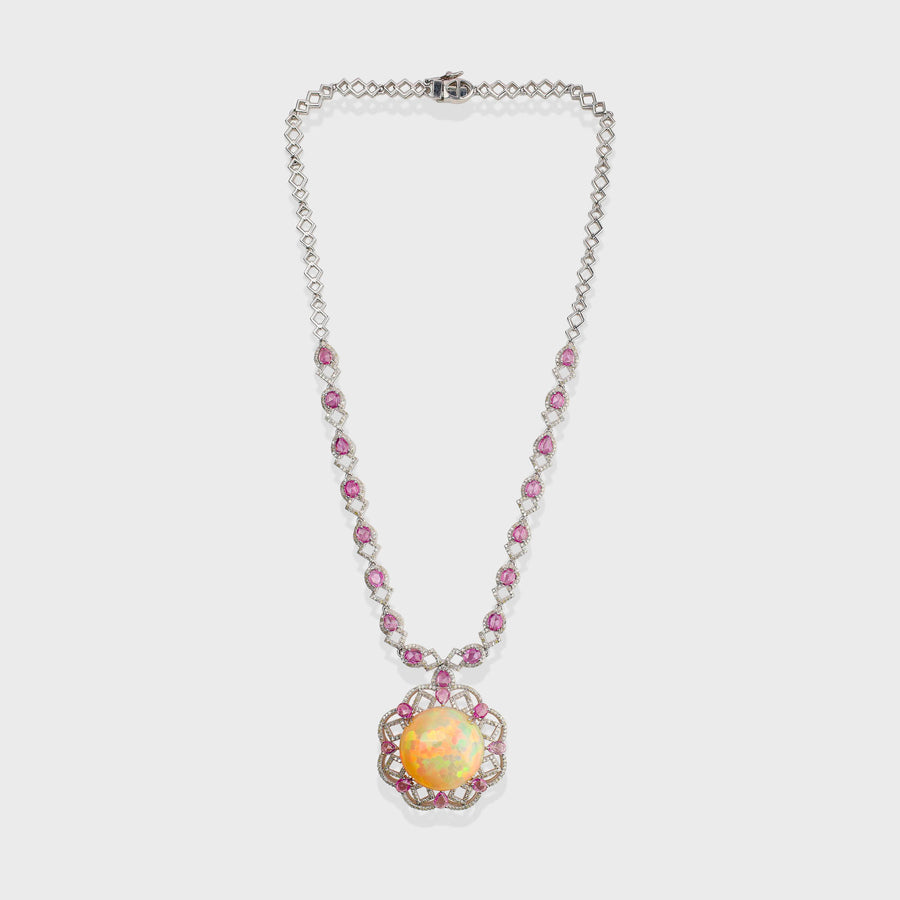 Opal, Pink Shaphire and Diamonds Necklace