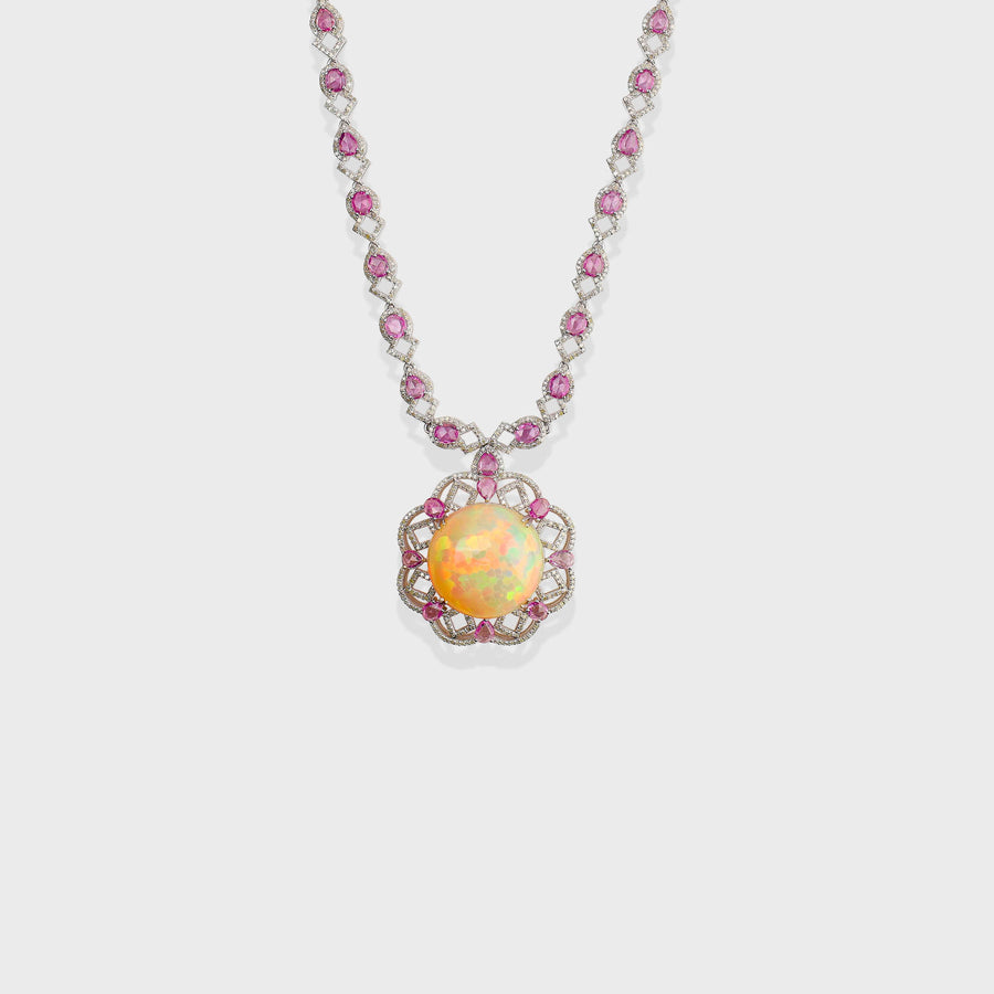 Opal, Pink Shaphire and Diamonds Necklace