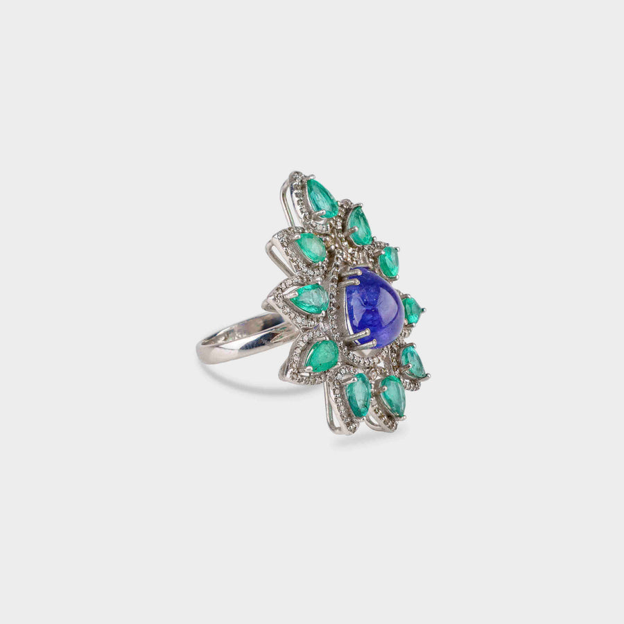 Tanzanite, Emerald and Diamond Ring