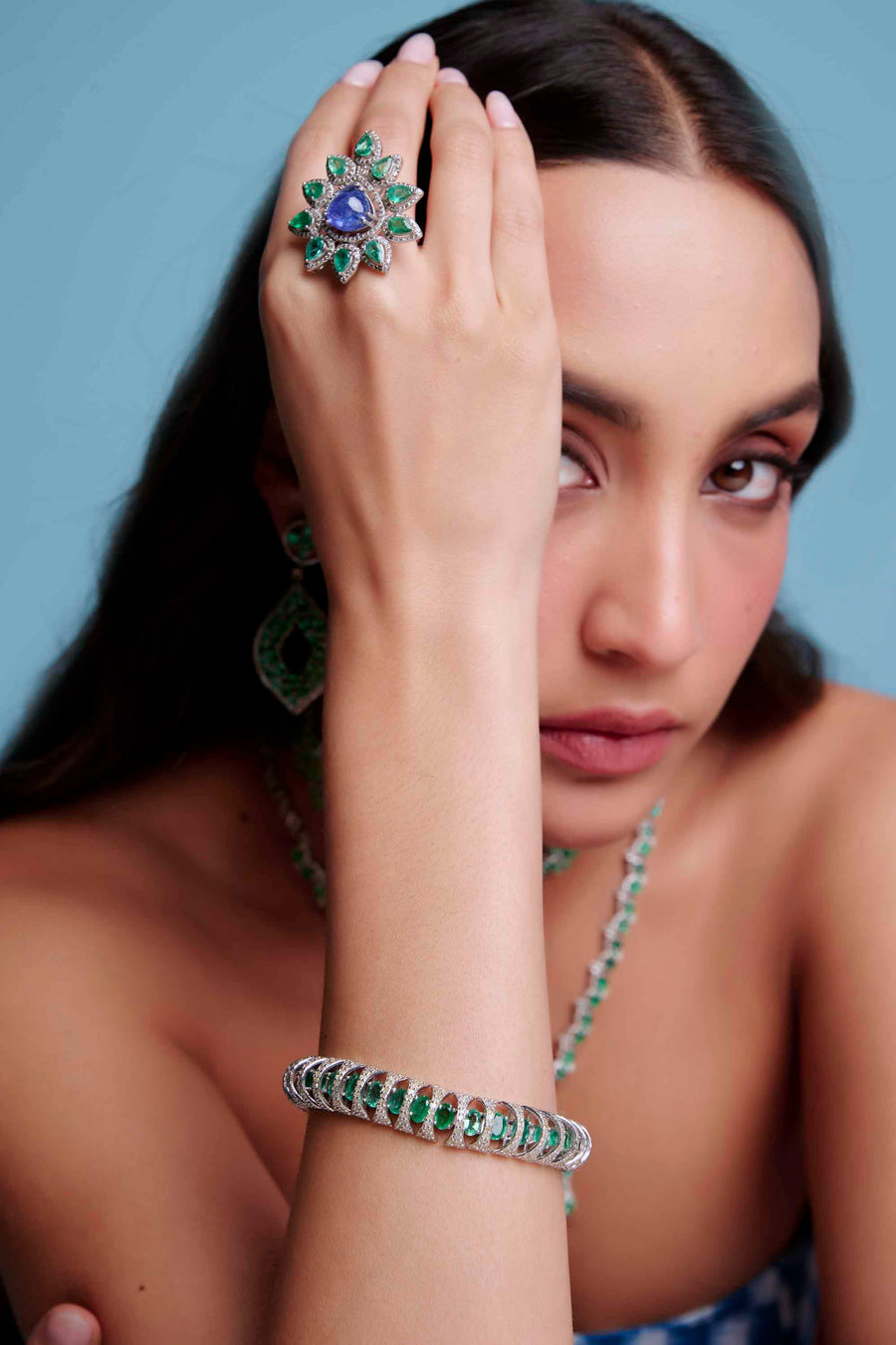 Tanzanite, Emerald and Diamond Ring