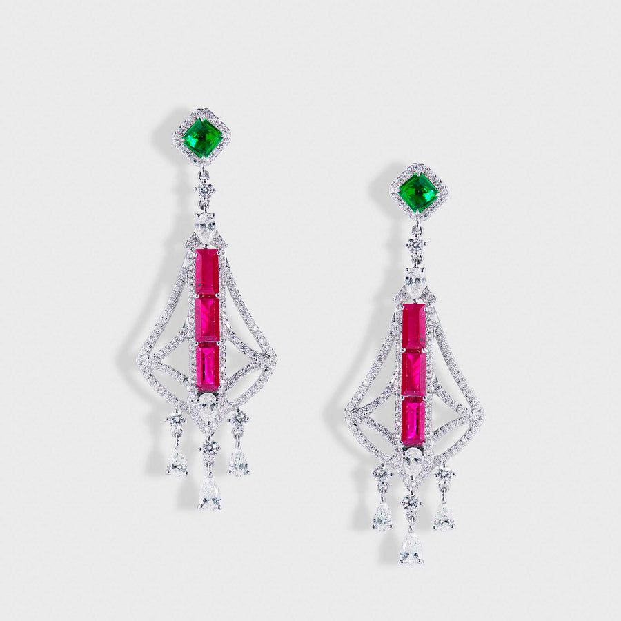 Tashu Burmese Ruby, Panjshir Emerald and Diamond Earrings