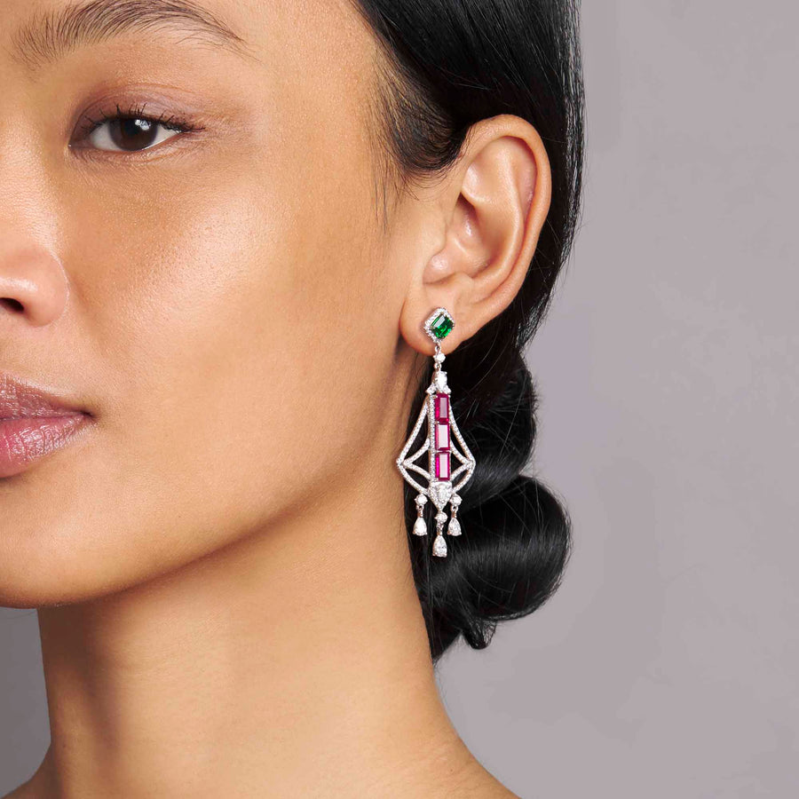 Tashu Burmese Ruby, Panjshir Emerald and Diamond Earrings