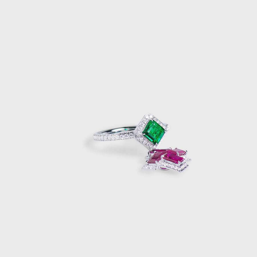 Nitya Burmese Ruby, Panjshir Emerald and Diamond Ring