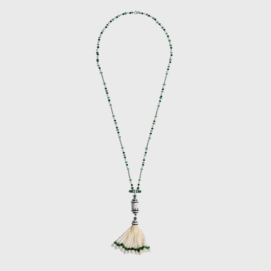 Saadikha Pearl, Black Onyx, Diamond and Emerald Tassel Pendant