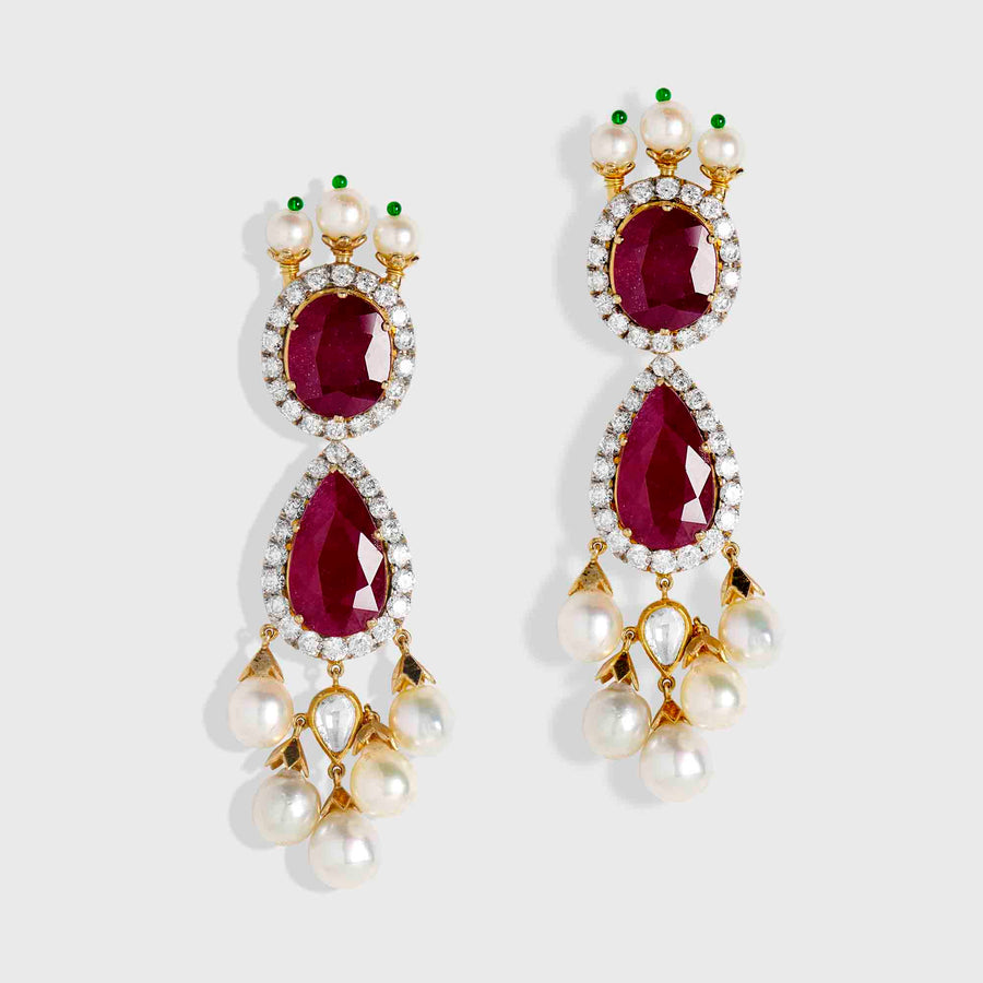 Divyansh Ruby, Diamond and Pearl Earrings