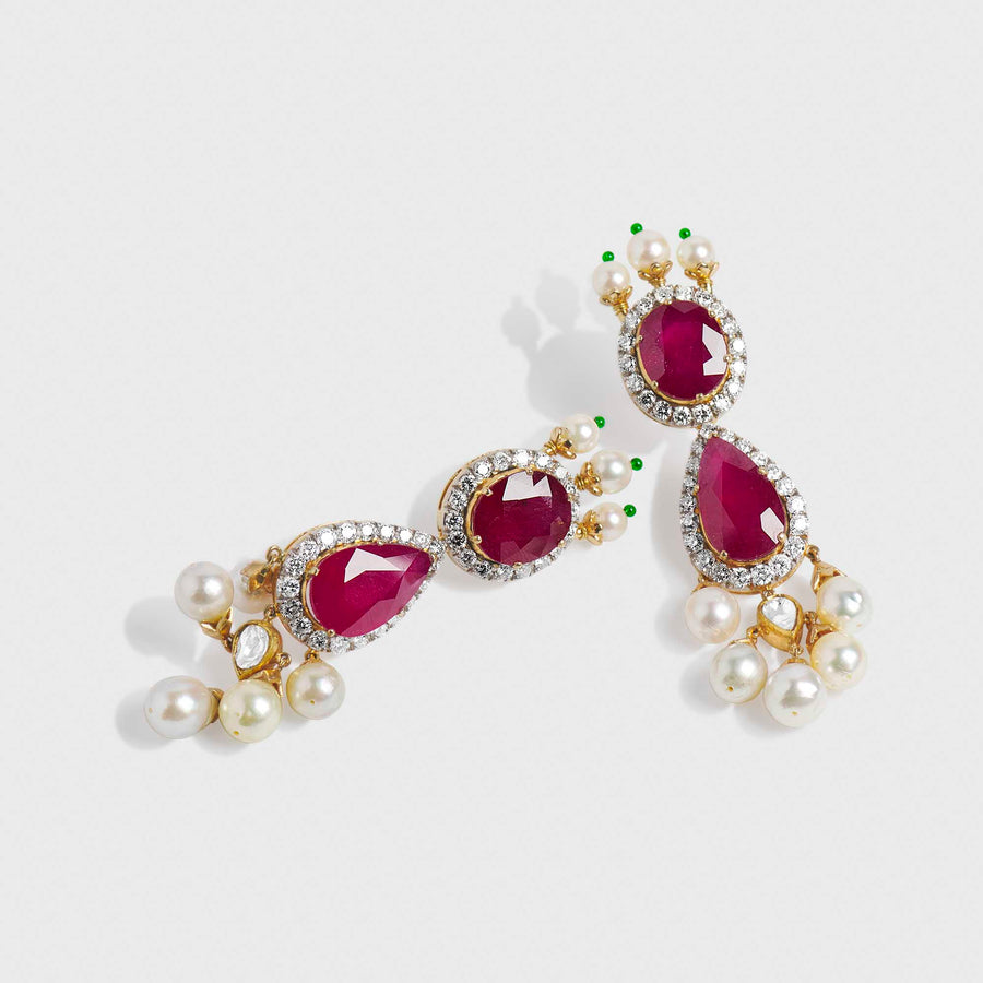 Divyansh Ruby, Diamond and Pearl Earrings