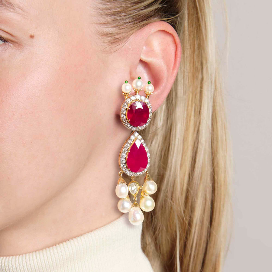 Divyansh Ruby, Diamond and Pearl Earrings